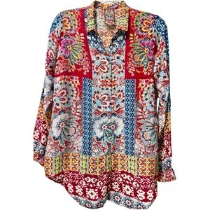 Johnny Was Multicolor Floral Patchwork Print Boho Button Down Blouse Shirt XS